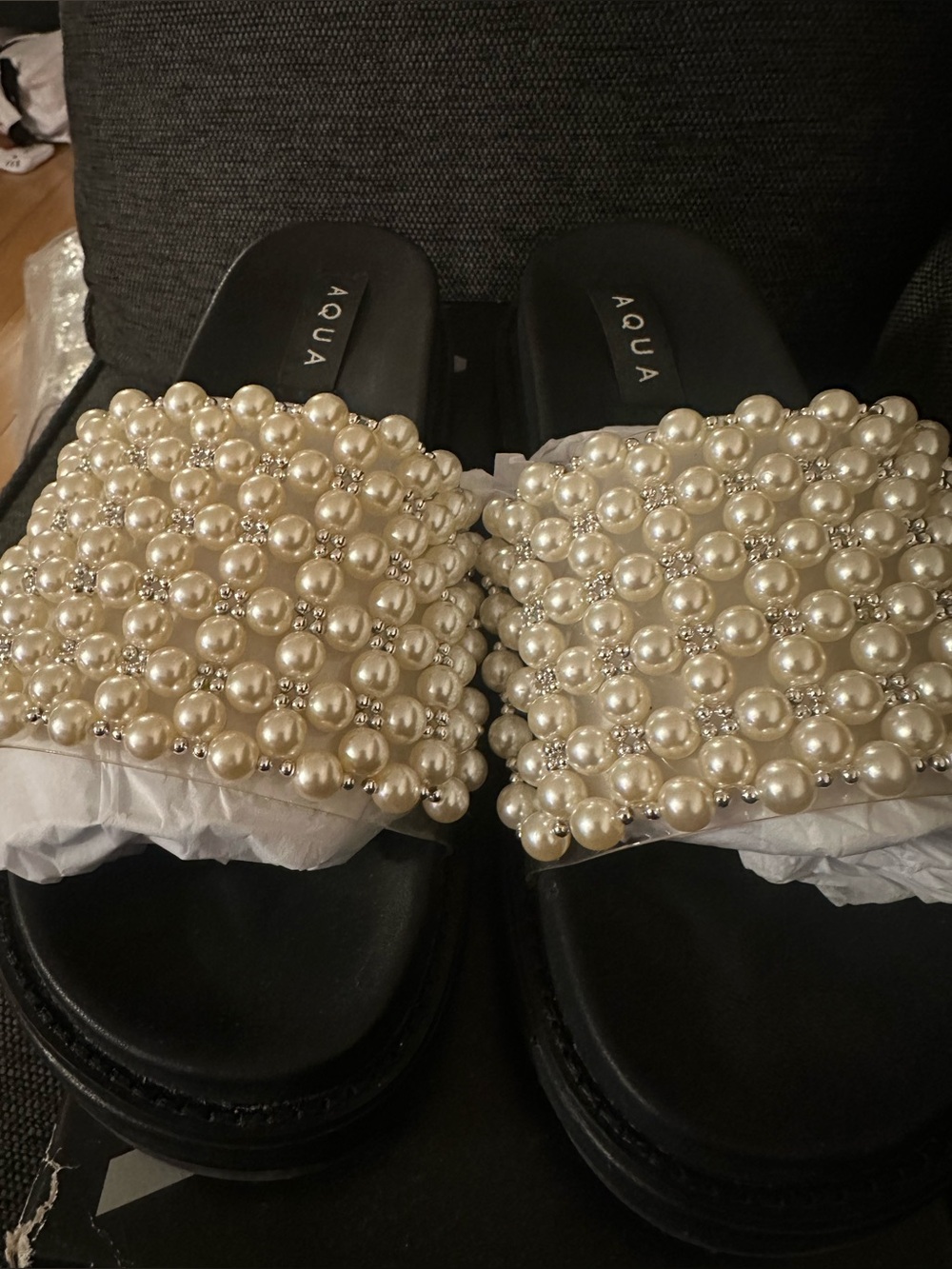AQUA Pearl Embellished Slide Sandals | Statement Pearl Slides
